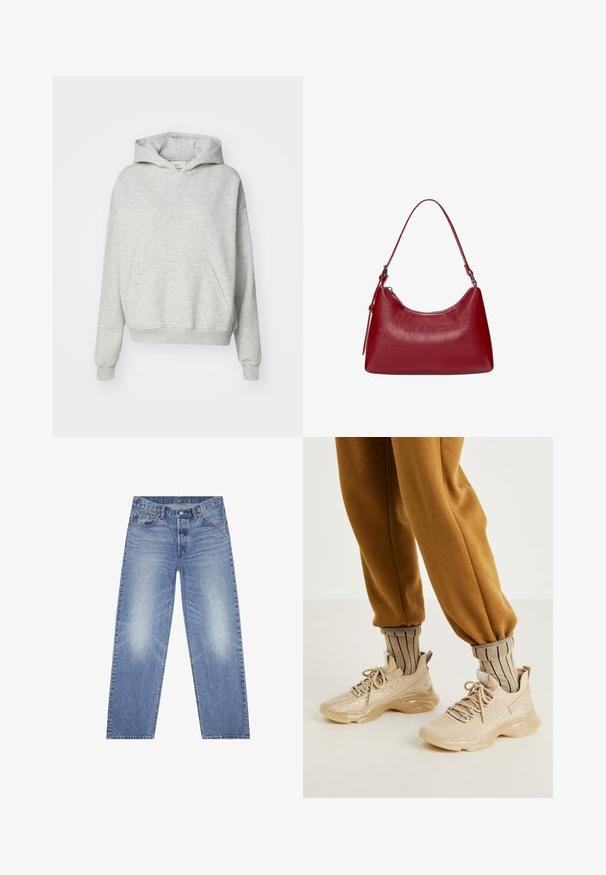 Grå hættebluse med forlommer, snoretræk i hætten og ribbede manchetter. Lavet af blødt, tekstureret stof og har et afslappet fit design.; Lyseblå denim jeans med lige ben, fem-lommes design og synlig falmning på lårene. Har en knaplukning og bæltestropper.; Beige atletiske sko med mesh-overdel, dekorative glimmer og tyk gummisål. Parret med stribede beige sokker og brune joggingbukser.; Rød læder skuldertaske med et buet design, glat tekstur og lynlåslukning. Den har et tyndt håndtag til at bære.