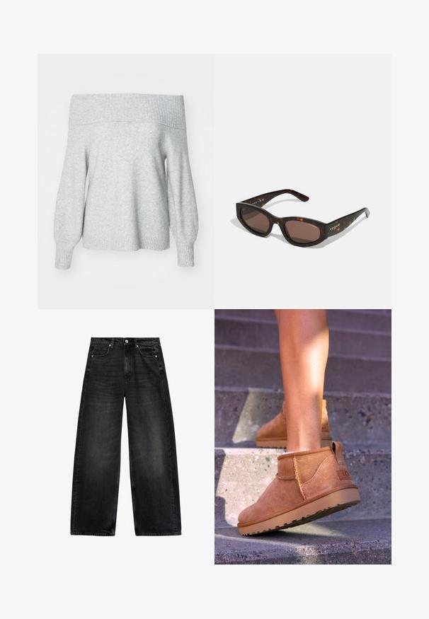 Ljust grå off-shoulder stickad tröja med ribbad halsringning och manschetter, med en avslappnad passform och mjuk textur.; Breda benjeans i svart denim, med hög midja, fem fickor och subtila blekningar. Metallknappar och nitar kompletterar designen.; Tan mockasiner med en mjuk textur, sömnadsdetaljer och en gummisula, med en öglad häl för enkel påtagning.; Bruna sköldpaddsformade solglasögon med rektangulär form, mörkbruna linser och guld "vogue"-logotyp på stängerna.
