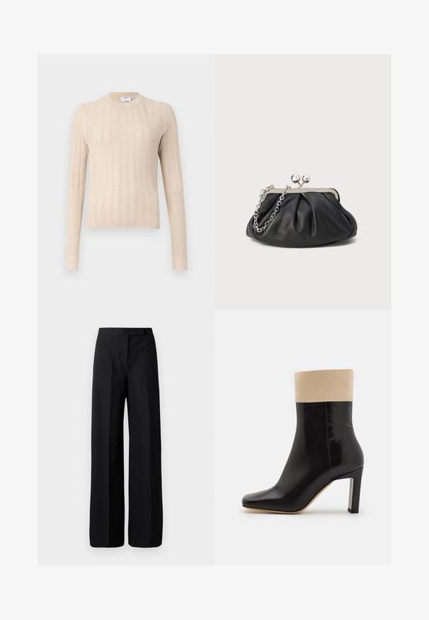 Beige neulepaita, jossa on pitkät hihat, pyöreä pääntie ja teksturoitu ribbikuviointi. Pehmeä, kevyt kangas.; Mustat, leveälahkeiset housut, joissa on sileä, mattapintainen tekstuuri. Littee vyötärö, johon ei ole näkyvää metalliosaa tai kuvioita. Yksinkertainen ja tyylikäs muotoilu.; Musta nahkainen nilkkabootsi, jossa on vaaleancreme- sävy ylhäällä, kärki on terävä ja korkea, hopeakoristeinen korko. Pintakuvio on sileä ilman näkyviä kaavoja.; Mustan nahkainen clutch, jossa on rypistetty rakenne, hopeanvärinen metallikehys, suukko-lukko ja ketjuhihna. Sileä, pehmeä pinta.