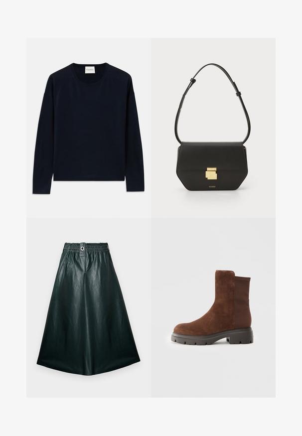 Mornarsko modra dolgoročná majica s okruglim izrezom iz mehkega in gladkega materiala z sproščenim krojem. Ima rebraste manšete in spodnji del ter oznako na vratu.; Mračna zelena usnjena midi krila z elastičnim pasom, sprednjim gumbom in gladko, sijočo teksturo. Silhueta v obliki črke A brez žepov.; Rjave antilopne gležnjarje z elastičnimi stranskimi paneli, zaobljenim nosom in debelim gumijastim podplatom, ki ima teksturiran vzorec. ; CLOSED CLOSED ONE - Torba čez telo - black