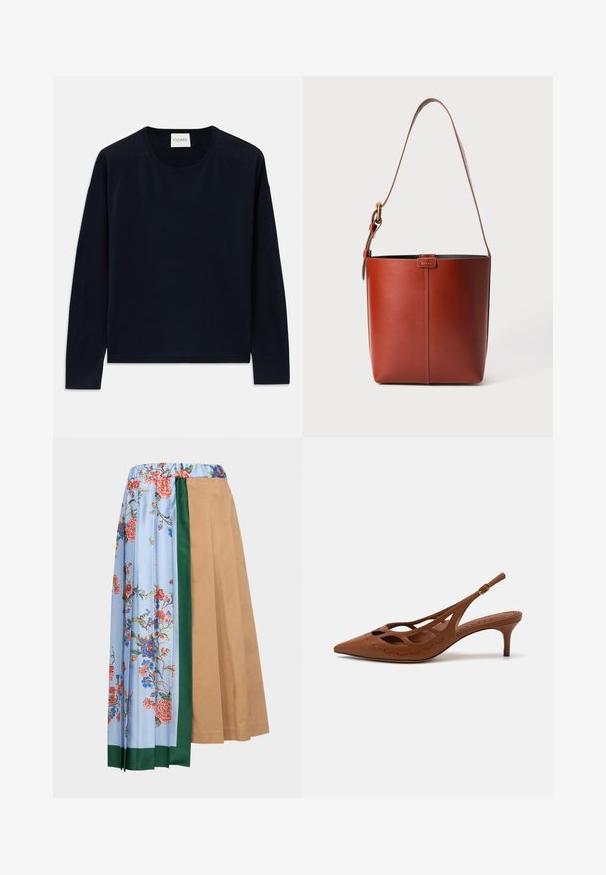 Námořnická modrá dlouhá rukávová tričko s kulatým výstřihem z měkké, hladké tkaniny s uvolněným střihem. Obsahuje žebrované manžety a lem, štítek na krku.; WEEKEND MaxMara OPEROSO - Áčková sukně - beige; Hnědá kožená slingback obuv na podpatku s špičatou špičkou, vyříznutým designem a šitými detaily. Disponuje štíhlým podpatkem a nastavitelným páskem.; Hnědá kožená kabelka ve tvaru kbelíku s nastavitelným ramenním popruhem a zlatým přezkovým zapínáním, jednoduchý vertikální šev na přední straně.