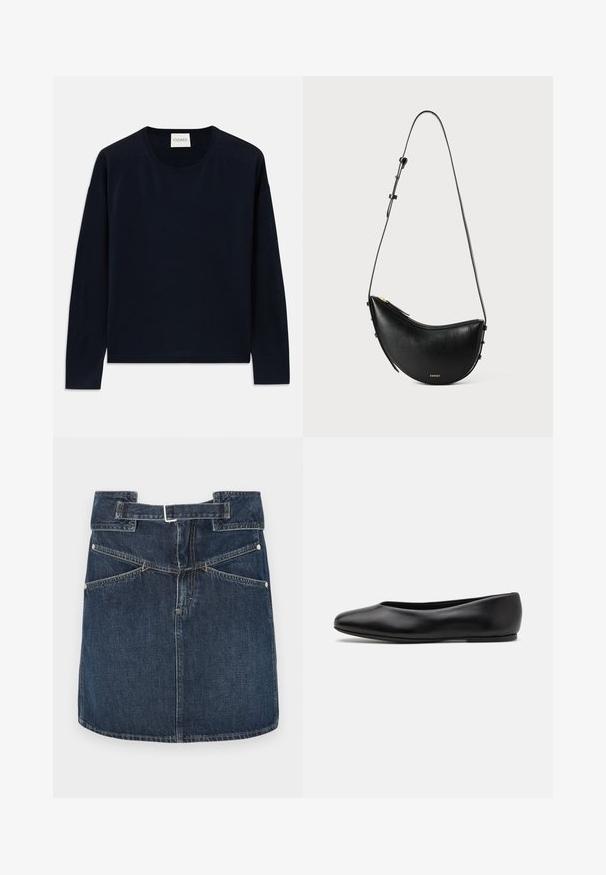 Camisola de gola redonda de manga longa em azul-marinho, feita de um tecido suave e liso, com um corte descontraído. Apresenta punhos e bainha canelados, etiqueta na gola.; Saia de denim azul-escuro com cintura média, passadores de cinto e dois bolsos traseiros. Apresenta costuras visíveis e rebites metálicos.; Paul Smith TOPANGA - Sabrinas - black; Bolsa de couro preto com um formato curvo e uma alça ajustável única. Apresenta um fecho em zíper e um hardware dourado minimalista.