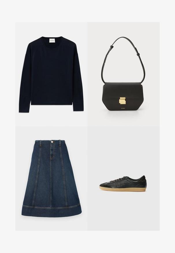 Sötétkék hosszú ujjú crewneck póló puha, sima anyagból, laza szabásban. Jellemzői a bordás díszítésű mandzsetta és szegély, címke a nyaknál.; Sötétkék farmer A-vonalú szoknya, gombos derékkal, öt övtartóval és kontrasztos varrással. Térdig érő, hemzett széllel.; Fekete bőr sneaker velúrrészekkel, kerek orr, gumi talp, lapos fűzők és varrott részletezés. Jellemzője a márka logója a sarokon.; CLOSED CLOSED ONE - Keresztpántos táska - black
