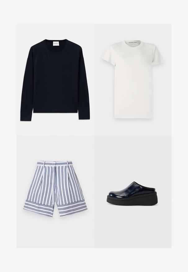 Mornarsko modra dolgoročná majica s okruglim izrezom iz mehkega in gladkega materiala z sproščenim krojem. Ima rebraste manšete in spodnji del ter oznako na vratu.; Bela kratka majica s kratkimi rokavi, izdelana iz bombaža, z okroglo izrezom in preprostim krojem. Oznake prikazujejo "DESIGNERS REMIX" znotraj ovratnika.; Pantalone kratki s prugicami, ki vsebujejo modre in bele navpične črte, s širokim robom in gubanjem spredaj. Iz lahkega materiala.; Mornarško modra lakasta klompa z gladko površino, ki ima debel črn platformski podplat in vidno šivanje ob osnovi.