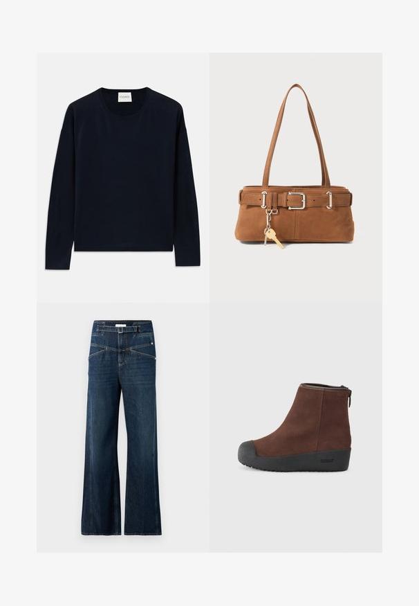 Maritime langermige crewneck top van zachte, gladde stof met een relaxte pasvorm. Kenmerken zijn ribgebreide manchetten en zoom, en een label bij de hals.; Wijdue jeans van donkerblauwe denim, met een hoge tailleband, twee voorzakken en contrasterende stiksel details.; Bruine suède enkellaars met een ronde neus, een gestructureerde zwarte rubberen zool en een zijrits. Subtile branding op de hak en nabij de rits.; Bruine suède handtas met een gestructureerde vorm, zilverkleurige accenten, twee schouderbanden en een decoratieve sleutelhanger eraan bevestigd.