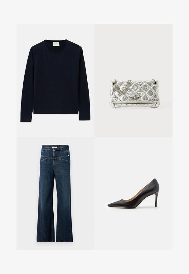 Mornarsko modra dolgoročná majica s okruglim izrezom iz mehkega in gladkega materiala z sproščenim krojem. Ima rebraste manšete in spodnji del ter oznako na vratu.; Široke hlače iz temnorjavega denima, z visokim pasom, dvema sprednjima žepoma in kontrastnimi šivi.; Stuart Weitzman Visoke pete - black; Srebrna metalna torbica z verižnim ročajem, prešita tekstura, dekorativno šivanje in zadrga. Ima embosirane dodatke na sprednji strani.