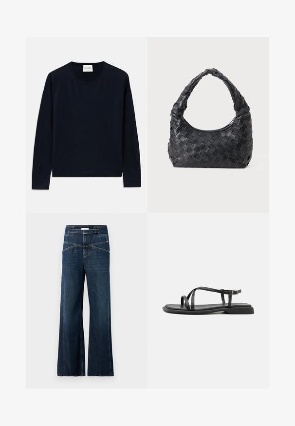 Sötétkék hosszú ujjú crewneck póló puha, sima anyagból, laza szabásban. Jellemzői a bordás díszítésű mandzsetta és szegély, címke a nyaknál.; Sötétkék farmerból készült bő szabású farmerek, magas derékkal, két elülső zsebbel és kontrasztos varrással.; Fekete, lapos szandál vékony, állítható pántokkal, téglalap alakú lábujjpárnával és texturált matt felülettel. Alacsony, enyhén szögletes sarkú.; Fekete bőr, fonott válltáska lekerekített fogantyúval és hold alakú testéval egyszínű háttéren.