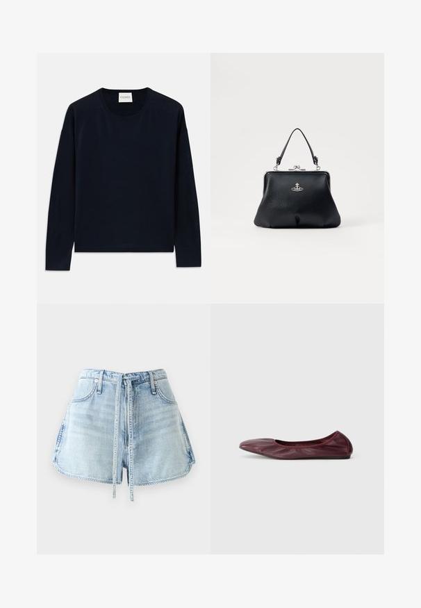 Mørkeblå langermet crewneck genser i myk, glatt stoff med en avslappet passform. Har ribbede mansjetter og kant, samt etikett i nakken.; Lyseblå denimshorts med snøring i midjen, fem lommer og rå kanter. Stoffet har en slitt tekstur.; Balletsko i dyp burgunder lær, med avrundet tå, elastisk kant og glatt tekstur med subtile folder.; Svart skinnhåndveske med teksturert overflate, sølvfarget hardware, låsestengning og kort håndtak for bæring. Kompakt og strukturert design.