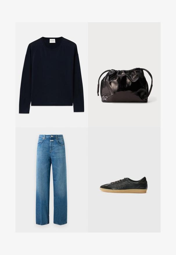 Mornarsko modra dolgoročná majica s okruglim izrezom iz mehkega in gladkega materiala z sproščenim krojem. Ima rebraste manšete in spodnji del ter oznako na vratu.; Modre kavbojke z visokim pasom in ravnimi nogami, z žepi spredaj in zadaj, gumbom za zapiranje in zankami za pas na belem ozadju.; Črne usnjene tene s semiš dodatki, okrogla konica, gumijast podplat, ravne vezalke in šivanje. Ima logo blagovne znamke na peti.; Majhna črn usnjen žep za zavezovanje s kratkimi ročaji na svetlo sivi ozadju.