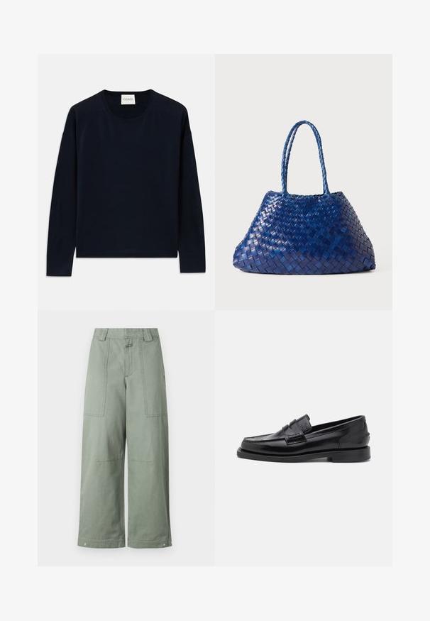 Ναυτικές μπλούζες με μακρύ μανίκι, σε στυλ crewneck, από μαλακό και λείο ύφασμα με χαλαρή εφαρμογή. Διαθέτει ριγέ μανίκια και τελείωμα, και ετικέτα στον λαιμό.; Πράσινα παντελόνια με φαρδιά πόδια, φτιαγμένα από βαμβάκι, που διαθέτουν μεγάλα πλαϊνά τσέπες, μέση με μεσαία άνοδο και εμφανείς ραφές.; CLOSED LOAFER - Παπούτσια χωρίς κορδόνια - black; Πλεκτή μπλε δερμάτινη τσάντα με δύο πλεξούδες χερούλια, διαθέτοντας μια χαλαρή, γωνιώδη μορφή και υφή στην επιφάνεια.