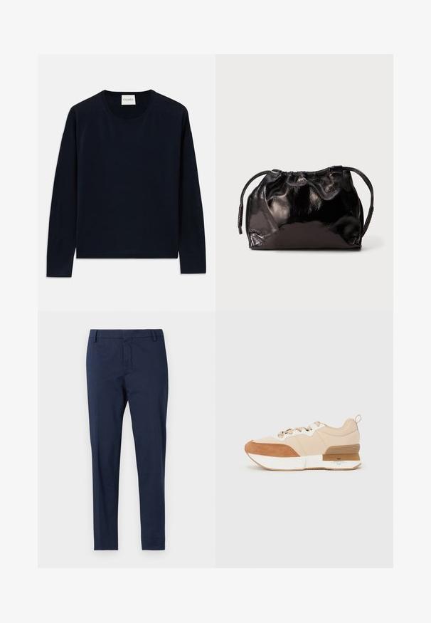 Mørkeblå langermet crewneck genser i myk, glatt stoff med en avslappet passform. Har ribbede mansjetter og kant, samt etikett i nakken.; Mørkeblå skreddersydde bukser med rett snitt. Har en flat front uten synlige lommer og en jevn tekstur.; Sko som har en beige tekstiloverdel med brune semskede detaljer, en hvit mellomsåle og en gummisåle med et merkeinnslag.; Liten svart blank skinnsnørepose med korte håndtak på en lys grå bakgrunn.