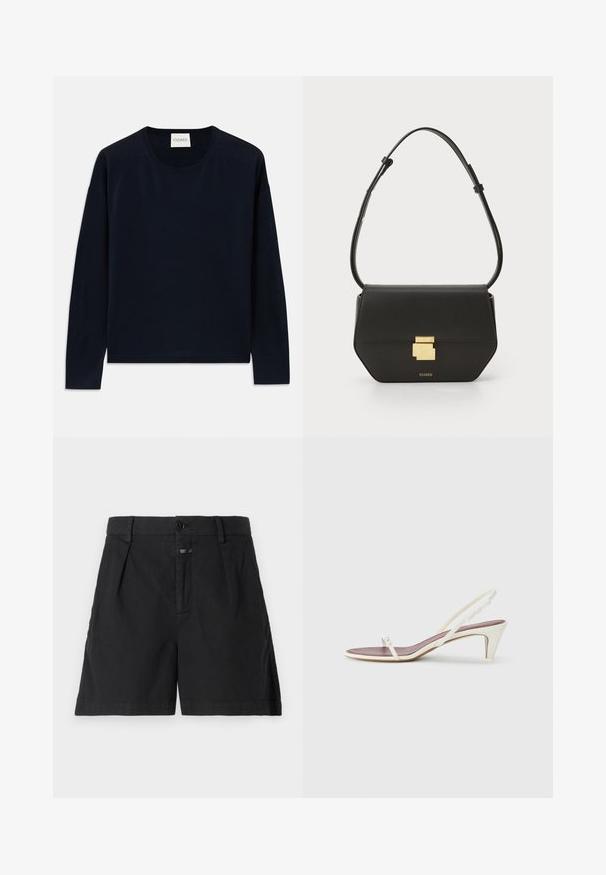 Jūras zila garām piedurknēm apģērba krekls ar mīkstu, gludu audumu un brīvu piegriezumu. Iekļautas ribotas piedurknes un apakšmala, etiķete pie kakla.; CLOSED REVYL - Šorti - black; Baltas siksnas sandales ar nelielu papēdi, plānām siksniņām un gludu ādas tekstūru; ar nelielu dekoratīvu sprādzi.; CLOSED CLOSED ONE - Plecu soma - black