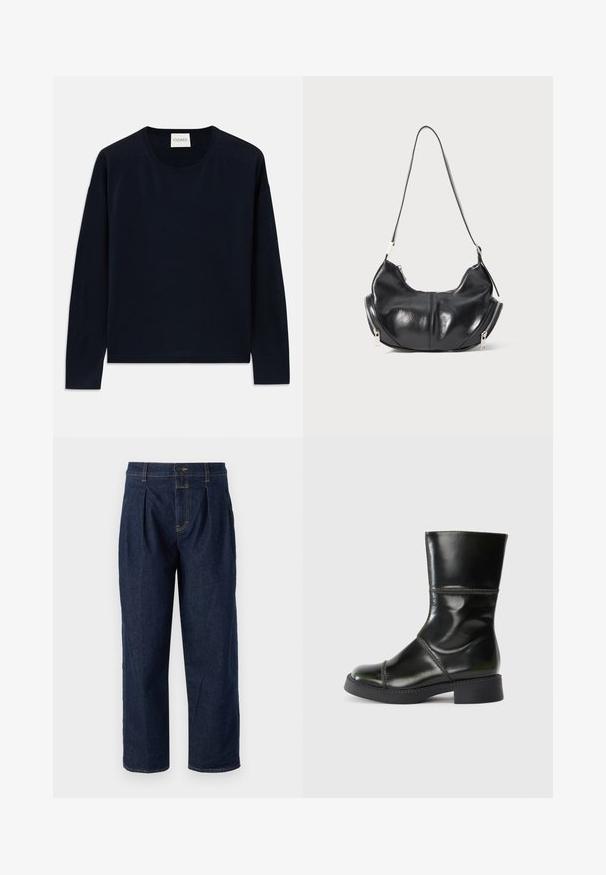 Tamsiai mėlynas ilgas rankovės džemperis su apvalia iškirpte, pagamintas iš švelnios, glotnios medžiagos, su laisvu siluetu. Yra raukiniai ant rankovių ir apatinės dalies, etiketė ant kaklo.; Tamsiai mėlynos džinsinės kelnes su aukštu liemeniu, su priekinėmis raukšlėmis ir tiesiu kirpimu. Kontrastinės siūlės ir vieno mygtuko užsegimas.; Juodas odinis kulkšninis botas su apvaliu smaigaliu, lygia danga, kontrastingomis siūlėmis ir storu kulnu, turintis šiek tiek siaurėjantį siluetą.; Juodas odinis pusmėnulio formos peties krepšys su sidabriniais užtrauktukais abiejuose šonuose ir vienu dirželiu.