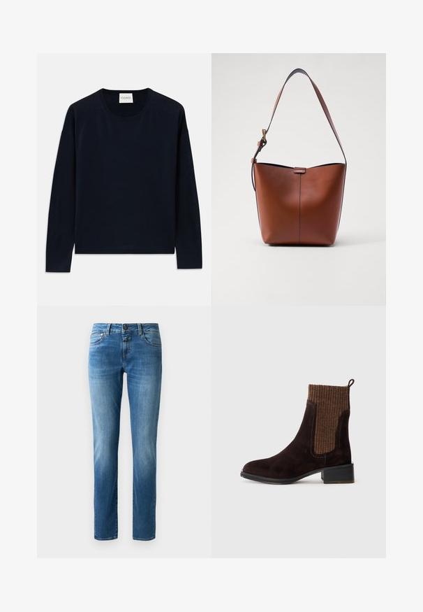 Top navy cu mânecă lungă, cu decolteu rotund, confecționat dintr-un material moale și neted, cu o croială lejeră. Se remarcă prin manșete și tiv din tricot, etichetă la gât.; Jeans din denim albastru, cu un design drept, având închidere cu buton, cinci buzunare și o ușoară decolorare. Textură netedă cu cusături portocalii.; Botine din suede maro, cu un superior din tricot ribflat maro texturat, cu finisaj neted, toc mic și o bucată de prindere la călcâi pentru a facilita purtarea.; Geantă de umăr din piele maro, cu o formă curbată, textură netedă și o curea subțire. Prezintă o cusătură subtilă și un detaliu mic cu logo.