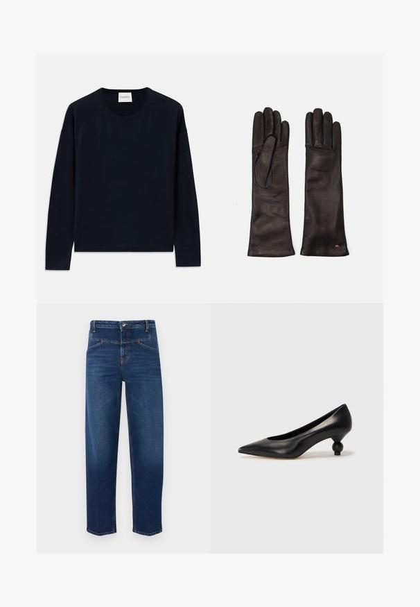 Jūras zila garām piedurknēm apģērba krekls ar mīkstu, gludu audumu un brīvu piegriezumu. Iekļautas ribotas piedurknes un apakšmala, etiķete pie kakla.; Tumši zili džinsi ar taisnu kāju griezumu, vienu pogu aizdari un priekšējiem un aizmugurējiem kabatām ar oranžiem šuvju akcentiem.; Melnas ādas augstpapēžu kurpes ar smailu purngalu un apaļu papēdi. Gluda tekstūra ar elegantu, minimālistisku dizainu.; Weekend Max Mara SENAPE - Cimdi - nero