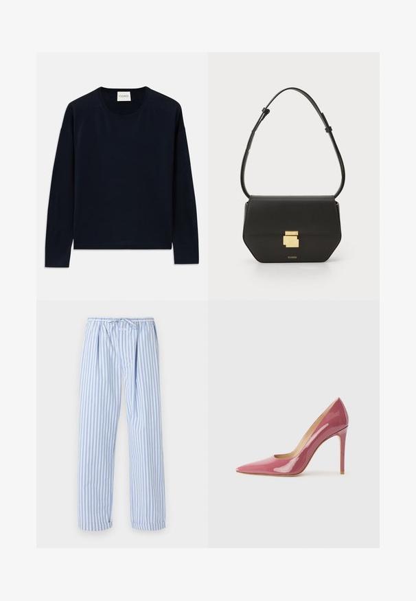 Ναυτικές μπλούζες με μακρύ μανίκι, σε στυλ crewneck, από μαλακό και λείο ύφασμα με χαλαρή εφαρμογή. Διαθέτει ριγέ μανίκια και τελείωμα, και ετικέτα στον λαιμό.; Φωτεινά γαλάζια και λευκά ριγέ πιτζάμα παντελόνια με ελαστική μέση, διαθέτοντας άνετη εφαρμογή και γυρισμένα τελειώματα. Κατασκευασμένα από μαλακό ελαφρύ ύφασμα.; Ροζ πατεντόδερμα ψηλοτάκουνα γυναικεία παπούτσια με pointed toe και κομψή σιλουέτα, διαθέτοντας λεπτομέρεια κόπης και στιλέτο τακούνι.; CLOSED CLOSED ONE - Τσάντα χιαστί - black