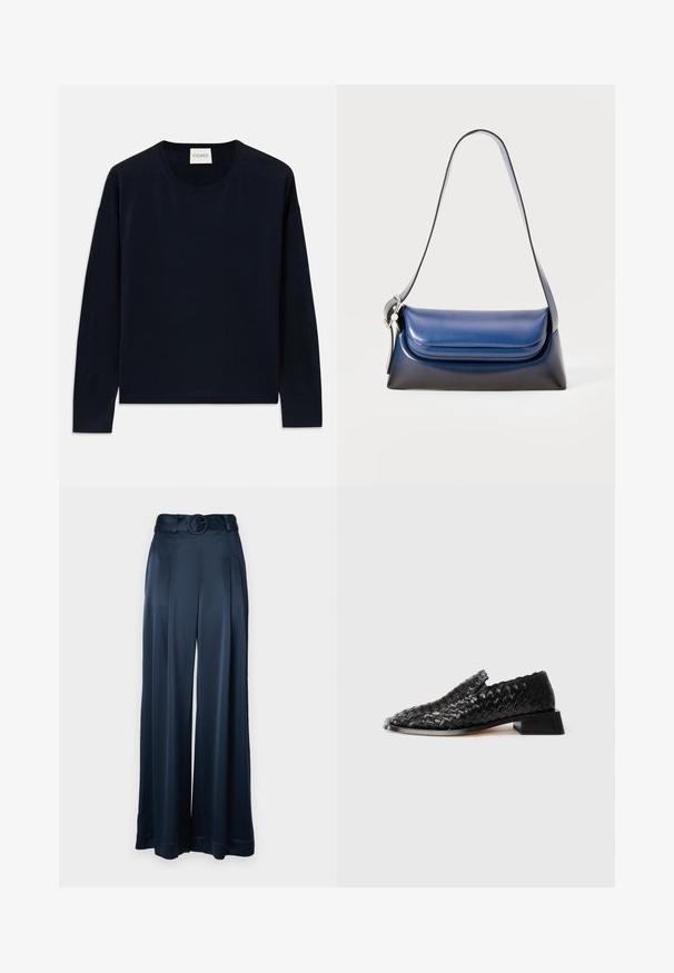 Camiseta de manga larga cuello redondo en color azul marino, hecha de una tela suave y lisa con un ajuste relajado. Presenta puños y dobladillo acanalados, etiqueta en el cuello.; Pantalones de pierna ancha en navy con un acabado satinado suave, que cuentan con un cinturón ajustable y detalles de pliegues, diseñados para un ajuste relajado.; Zapato slip-on de cuero negro trenzado con tacón bajo y detalle de borde ondulado, presentado sobre un fondo blanco.; Bolso de piel azul marino con un acabado suave, que presenta una forma redondeada, parte superior plegada y una sola correa para el hombro. Incluye un detalle de hardware plateado.