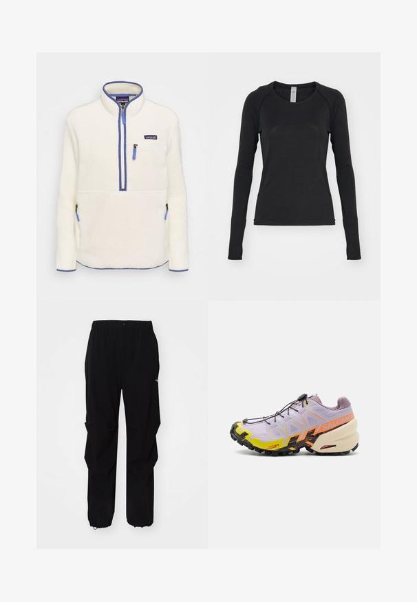 Pulover din fleece de culoare albă, cu un fermoar la jumătate în față, detalii albastre la fermoar, buzunar pe piept și buzunare laterale. Textură netedă, guler înalt.; Cămașă cu mâneci lungi, de culoare neagră, făcută dintr-un material moale. Are guler rotund și mâneci raglan cu găuri pentru degete la mansete. Design minimalist.; Pantaloni negri de exterior, confecționați dintr-un material durabil, cu o croială relaxată, talie elastică și manșete strânse pentru lungime ajustabilă.; Salomon SPEEDCROSS 6 - Pantofi alergare trail - orchid petal/black/sulphur spring