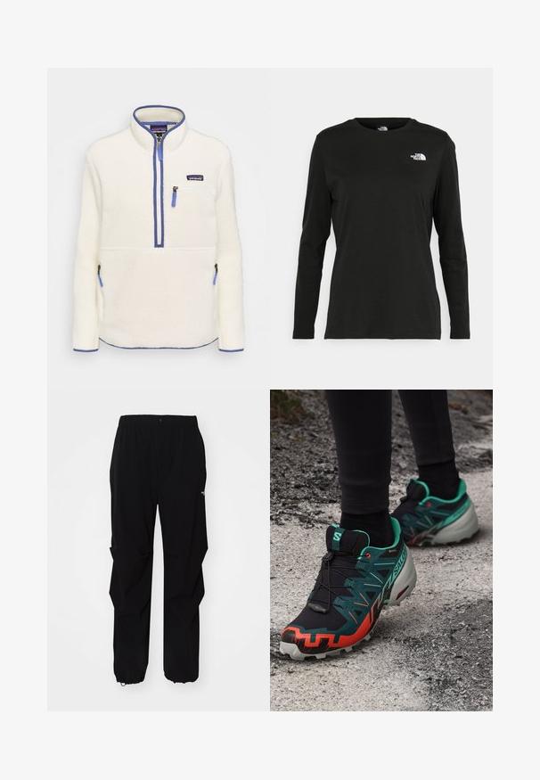 Fleece-Pullover in Weiß mit halbem Reißverschluss auf der Vorderseite, blauen Reißverschlussakzenten, Brusttasche und Seitentaschen. Glatte Textur, hoher Kragen.; Schwarzes Langarm-T-Shirt aus Baumwolle mit Rundhalsausschnitt. Verfügt über ein kleines weißes Logo auf der linken Brustseite. Einfaches Design und Passform.; Schwarze Outdoor-Hosen aus langlebigem Material, mit lockerer Passform, elastischem Bund und verstellbaren Bündchen für variable Längen.; Salomon SPEEDCROSS 6 GTX - Laufschuh Trail - black/electric green/cherry tomato