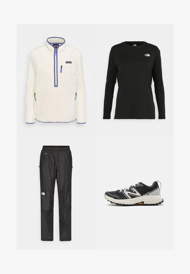 Fleece-pullover i vitt med halvlång dragkedja fram, blå dragkedjeaccentuerade detaljer, bröstficka och sidfickor. Slät textur och hög krage.; Svart långärmad t-shirt i bomull med rund hals. Har en liten vit logotyp på vänster bröstområde. Enkelt design och passform.; Svarta vattentäta byxor i lättviktsmaterial, med elastisk midja, sidofickor och en logotyp på vänster ben.; New Balance FRESH FOAM X HIERRO V8 - Löparskor terräng - blacktop
