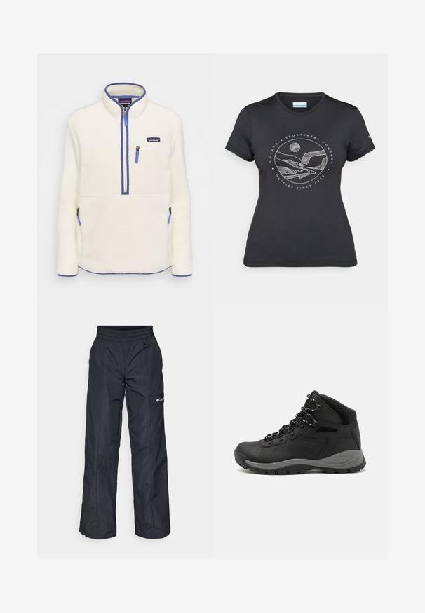 Pullover de fleece em branco, com um fecho de meio zíper na frente, detalhes em azul no zíper, bolso no peito e bolsos laterais. Textura suave, gola alta.; T-shirt preto da Columbia com arte em linha branca circular representando montanhas e rios, e o texto "Columbia Sportswear Company Outside Since 1938."; Columbia BOUNDLESS ADVENTURE™ PANT - Calças para exterior - black; Bota de caminhada preta com design de cano médio, apresentando um upper texturizado, detalhes cinzentos e sola de borracha durável com cravos de tração.