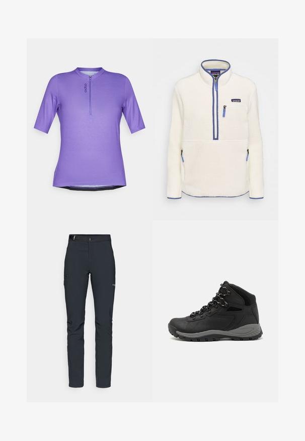 Pullover de fleece em branco, com um fecho de meio zíper na frente, detalhes em azul no zíper, bolso no peito e bolsos laterais. Textura suave, gola alta.; Camisa roxa de manga curta com gola alta e fecho éclair frontal. Feita de um tecido leve, com um logotipo e uma bainha curva.; Calças de exterior para homens, cinza escuro, feitas de material flexível, com cinto, bolsos com fecho éclair e costuras reforçadas.; Bota de caminhada preta com design de cano médio, apresentando um upper texturizado, detalhes cinzentos e sola de borracha durável com cravos de tração.
