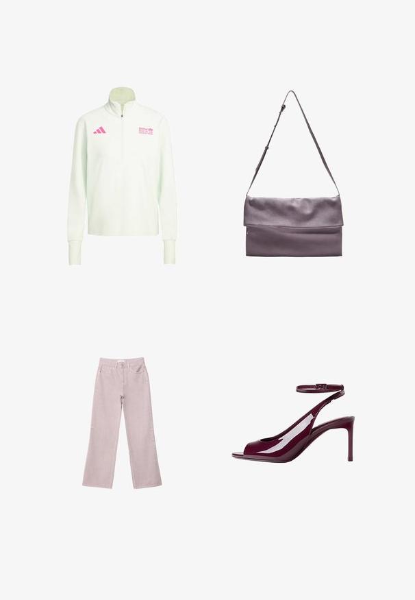 White long-sleeve quarter-zip pullover with pink Adidas logo on left chest and BMW Berlin Marathon logo on right chest.; Light pink wide-leg jeans made of denim, featuring a zipper fly, five pockets, and subtle stitching details.; Burgundy patent leather high-heeled sandal with a peep toe, ankle strap, and sleek silhouette. Glossy finish enhances visual appeal.; Gray leather crossbody bag with a fold-over flap, featuring a front zip pocket and an adjustable strap for convenience.