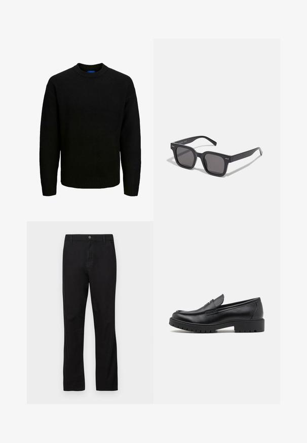 Mustmust mustriibulise kaelusega must kudum, pikad varrukad ja soonikkoes ääred kaeluses ja hemil. Pehme tekstuur, igapäevane lõige.; Mustadest puuvillast pükstest, millel on sirge jala disain, nupuga kinnitamine, ees ja taga taskud ning sile tekstuur.; Mustad musta nahast loafers, ümmarguse toe, libisemisega disain ja paks kummist tald, millel on tekstureeritud haardepind. Tõstetud kand ja peened õmblusdetailid.; Mustad mustan värvi päikeseprillid tumedate läätsedega, pakse raami, diskreetsete detailidega külgedel ning ilma nähtavate logota, peale brändinime.; Casio kvartsrannakell, millel on must kellanud ja hõbedane roostevabast terasest rihm, suured valged ja punased numbrid ning veekindel omadus kuni 200 m.