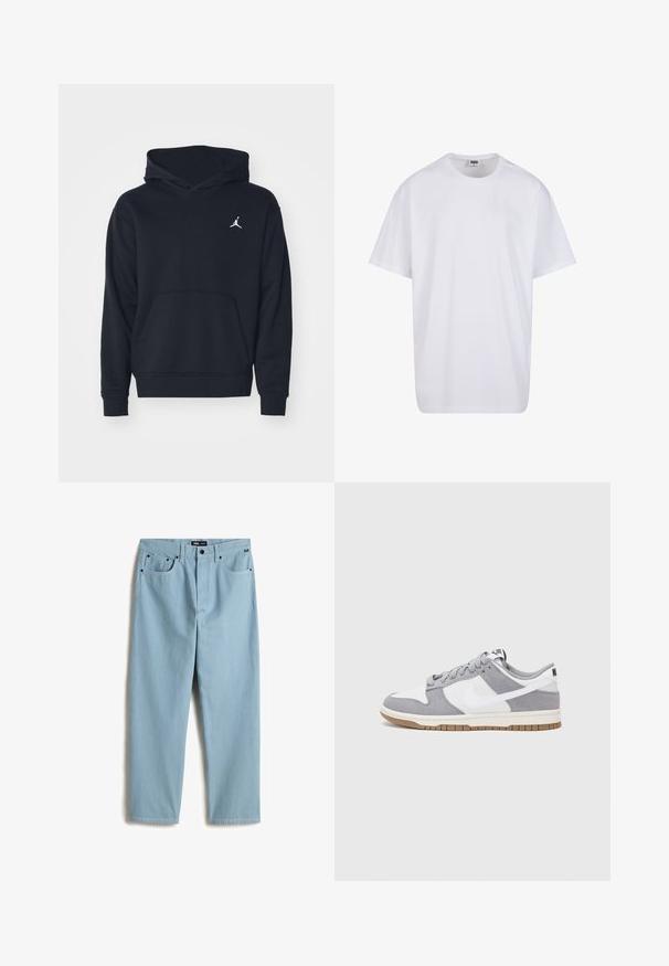Felpa nera con cappuccio realizzata in misto cotone, dotata di tasca a marsupio frontale e logo Air Jordan bianco sul petto.; Maglietta bianca in cotone con maniche corte, scollatura rotonda, vestibilità comoda e senza loghi o motivi visibili. Texture liscia e design minimale.; Pantaloni in denim blu chiaro, dritti, con cinque tasche, cuciture a contrasto sottili e un'etichetta con marchio sulla cintura.; Sneaker grigia e bianca con tomaia in suede e pelle, punta arrotondata, lacci piatti e soletta in gomma con un accento color caramello.