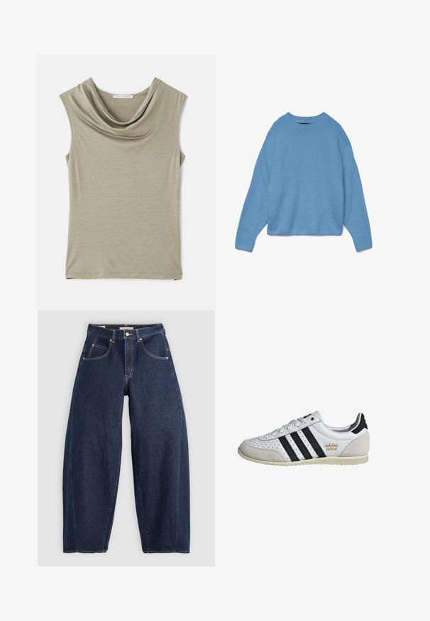 Hellblauer Strickpullover mit Rundhalsausschnitt, überschnittenen Schultern und gerippten Bündchen sowie Saum. Weiche Textur, lockere Passform.; Ärmelloses Top mit Kapuzenkragen aus leicht beigem Stoff. Weiche Textur, figurbetontes Design, mit sanften Drapierungen am Halsausschnitt und geradem Saum.; Dunkelblaue Denim-Jeans mit lockerer Passform, heller Naht, fünf Taschen und einem Knopfverschluss am Bund.; Weiße Sneaker mit schwarzen Streifen und goldener Markenkennzeichnung. Verfügt über Materialien aus Wildleder und Leder, ein durchlässiges Obermaterial und eine strukturierte Gummisohle.