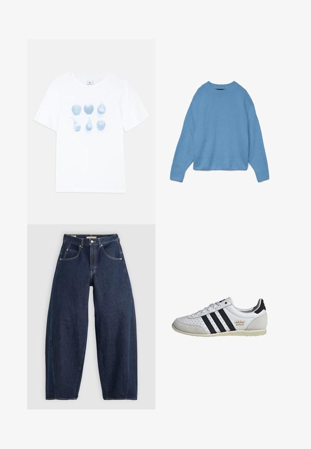 Világoskék kötött pulóver kerek nyakkivágással, ejtett vállakkal, bordázott mandzsettákkal és aljjal. Puha textúra, laza fazon.; Fehér pamut póló, amelyen kék grafika látható, hat gyümölcsábrázolással: három alma és három körte, változó formában és méretben.; Sötétkék farmernadrág, laza szabással, világos varrással, öt zsebbel és gombos záródással a derekán.; Fehér sneaker fekete csíkokkal és arany logóval. Suéd és bőr anyagokból készült, perforált felsőrésszel és texturált gumitalppal rendelkezik.