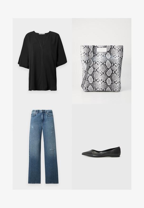Suéter burgundy de cuello alto con mangas largas, textura de punto y detalles acanalados en los puños y el bajo. Forma clásica y ajustada.; Blusa negra en tejido ligero, con escote en V, mangas cortas sueltas y un detalle de costura central. Textura suave y corte relajado.; Pantalones vaqueros azules de mezclilla con un diseño de corte recto, detalles desgastados y un dobladillo limpio. La tela tiene un aspecto ligeramente desteñido con un degradado sutil.; Bailarina de cuero negro con puntera afilada, tacón bajo y textura suave. Diseño minimalista con un sutil acento lateral.; Bolso tote de estampado de serpiente en blanco y negro con un asa rectangular cortada, textura suave y forma estructurada. Incluye una correa ajustable.