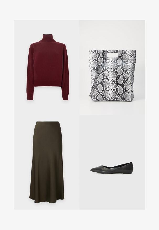 Bordeauxrode coltrui met lange mouwen, gebreide structuur en geribbelde details bij de manchetten en zoom. Klassieke, aansluitende pasvorm.; Donkergroene, satijnen lange rok met een uitlopende zoom en een gladde textuur. Eenvoudig ontwerp, geen zichtbare patronen of hardware.; Zwarte leren ballerina met een spitse neus, lage hak en een gladde structuur. Minimalistisch ontwerp met een subtiele zijaccent.; Zwart-wit slangenprint tote bag met een rechthoekige uitsnijding als handvat, gladde textuur en gestructureerde vorm. Inclusief verstelbare schouderband.