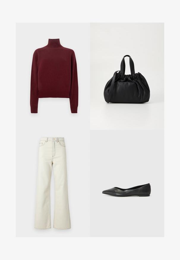 Pull à col roulé bordeaux avec manches longues, texture en maille et détails côtelés aux poignets et à l'ourlet. Coupe classique et ajustée.; Jeans en denim beige taille haute avec jambes larges, présentant des coutures légères et une fermeture éclair à l'avant. Aucune poche visible.; Ballerines en cuir noir avec un bout pointu, un talon bas et une texture lisse. Design minimal avec une subtile accent latéral.; Sac à main en cuir noir avec un design à haut froncé, doté de deux poignées courtes et d'une bandoulière longue et réglable. Texture lisse, forme arrondie.