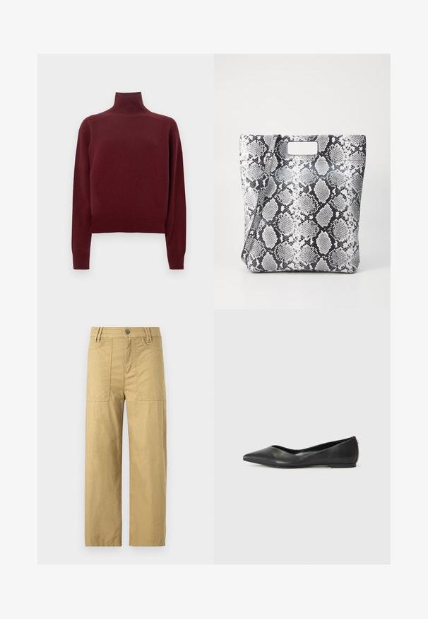 Bordeauxroter Rollkragenpullover mit langen Ärmeln, Strickstruktur und geripptem Detail an Bündchen und Saum. Klassische, taillierte Form.; Beige Baumwoll-Cargohosen mit hoher Taille, zwei vorderen Taschen und relaxed Fit. Verfügt über einen Verschluss mit Druckknopf und Reißverschluss vorne.; Schwarze Leder-Ballerinas mit spitzem Zehenbereich, niedrigem Absatz und glatter Textur. Minimalistisches Design mit einem dezenten seitlichen Akzent.; Schwarz-weiße Schlangenleder-Print Tragetasche mit rechteckigem Ausschnittgriff, glatter Textur und strukturiertem Design. Verstellbarer Riemen inklusive.