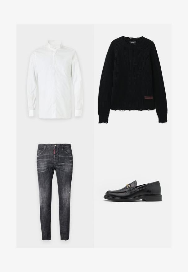 Schwarzer Waffelstrickpullover mit Rundhalsausschnitt, gerippten Bündchen, fransigem Saum und einem kleinen braunen Lederlogo-Patch auf der unteren linken Seite.; Weißes Langarmhemd mit Stehkragen, Knopfverschluss und taillierter Passform. Glatte Textur, Ein-Knopf-Manschetten und minimalistischer Stil.; Dunkelgraue Denim-Jeans mit schlankem Schnitt, subtilen Ausbleichungen, Abnutzungsspuren an den Oberschenkeln, fünf Taschen und einem kontrastierenden roten Etikett.; Schwarze Lederleter mit einer abgerundeten Zehenpartie, ausgestattet mit goldenen Hardwareakzenten und Stichdetails, auf einer niedrigen, strukturierten Gummisohle.