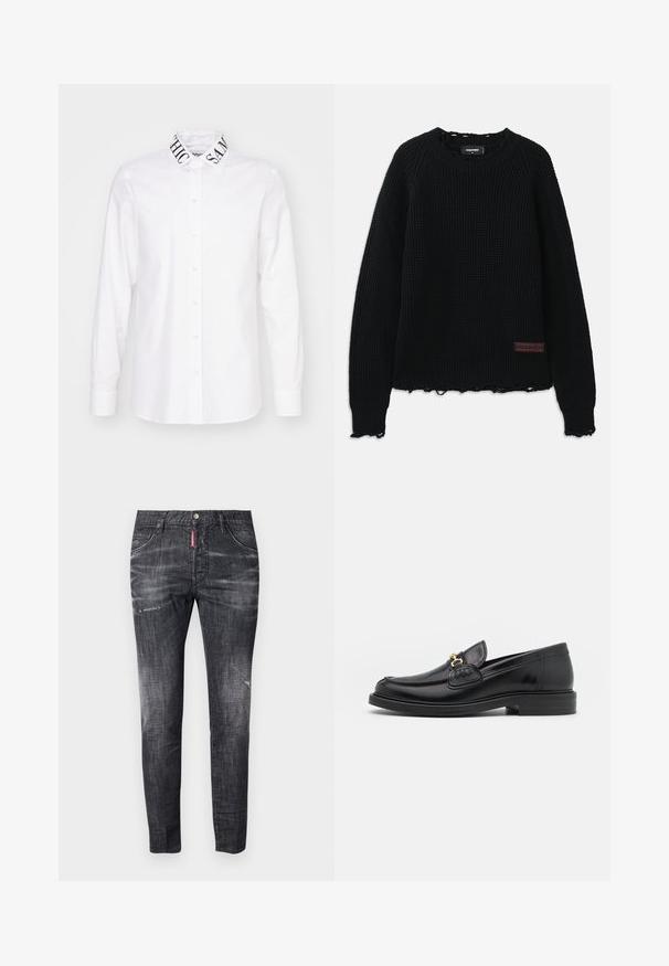 Juodas vaflinis megztinis su apvalia iškirpte, raukštuotais rankogaliais, nusidėvėjusia apačia ir nedideliu rudu odiniu logotipu kairiajame apatinėje pusėje.; Balta marška su sagų užsegimu priekyje ir ilgomis rankovėmis. Išskirtinis kontrastingas atspaudų apykaklės dizainas su užrašais "CHIC" ir "SAME". Paprasta audinio tekstūra.; Tamsiai pilki džinsai su siauru siluetu, šiek tiek išblukę, su dėvėjimo žymėmis ant šlaunų, penkiomis kišenėmis ir kontrastinga raudona etikete.; Juodos odinės loafer tipo bateliai su apvaliuku, su auksinėmis detalėmis ir siuvinėjimo akcentais, įrengti ant žemos, tekstūruotos gumos pado.