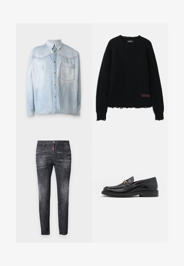 Melnā vafeļu adījumā izstrādāta džemperis ar apaļu kakla izgriezumu, ribotām piedurknēm, saplēstu apakšmalu un nelielu brūnu ādas logotipa uzlīmi kreisajā apakšējā stūrī.; Gai zili džinsu krekls ar pogu aizdari priekšā, klasisku apkakli un vienu krūšpocket. Audumā redzami nolietoti akcenti.; Balta kokvilnas T-kreklā ar apaļu izgriezumu, īsām piedurknēm un melnu izšuvumu, kas lasāms "DSQUARED2 MILANO" kreisajā krūtī.; Tumši pelēki džinsi ar šauru piegriezumu, ar maigu izbalējumu, nolietojuma zīmēm uz augšstilbiem, piecām kabatām un kontrastējošu sarkanu birku.; Melnas ādas loafers ar noapaļotu degunu, ar zelta aparatūras akcentu un šuvju detaļām, uz zemas, teksturētas gumijas zoles.