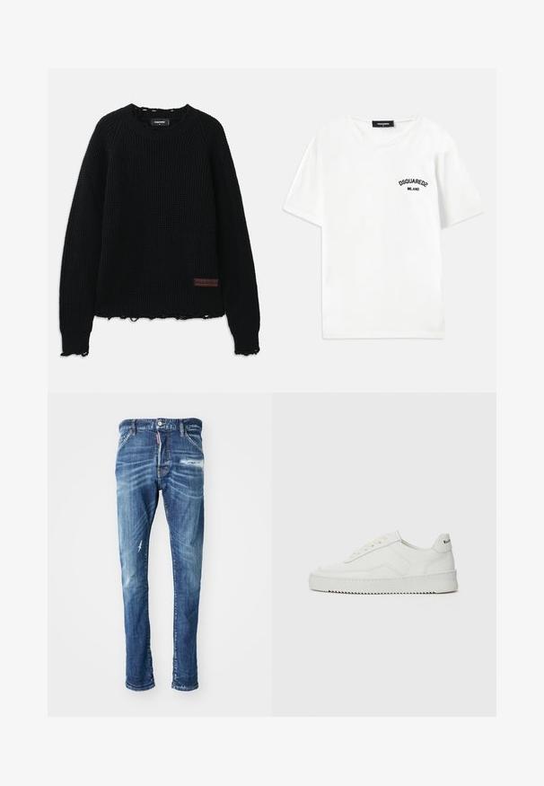 Černý svetr s vaflovou texturou a kulatým výstřihem, ribbované manžety, roztrhaný spodní lem a malá hnědá kožená nášivka loga v levém dolním rohu.; Bílý bavlněný tričko s kulatým výstřihem, krátkými rukávy a černým vyšitým logem s nápisem "DSQUARED2 MILANO" na levé straně hrudníku.; Modré džínové kalhoty s odřeným designem. Vyznačují se vybledlým efektem, světlým žmolkováním a malou dírou na levém stehně. Rovný střih nohavic.; Bílé kožené tenisky s hladkým povrchem, kulatou špičkou, plochými tkaničkami a texturovanou podrážkou. Na patě se nachází nenápadné logo.