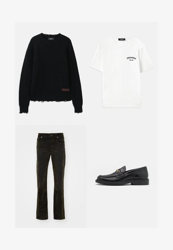 Suéter negro de punto waffle con cuello redondo, puños acanalados, dobladillo desflecado y un pequeño parche de cuero marrón con el logotipo en la parte inferior izquierda.; Camiseta blanca de algodón con cuello redondo, mangas cortas y un logo bordado en negro que dice "DSQUARED2 MILANO" en el lado izquierdo del pecho.; Pantalones vaqueros de pana negros acampanados con una textura suave, bolsillos frontales y herrajes metálicos. Los pantalones tienen un ajuste informal y una cintura de altura media.; Mocasines de cuero negro con punta redondeada, que cuentan con un detalle de herrajes dorados y costuras, situados sobre una suela de goma texturizada y baja.