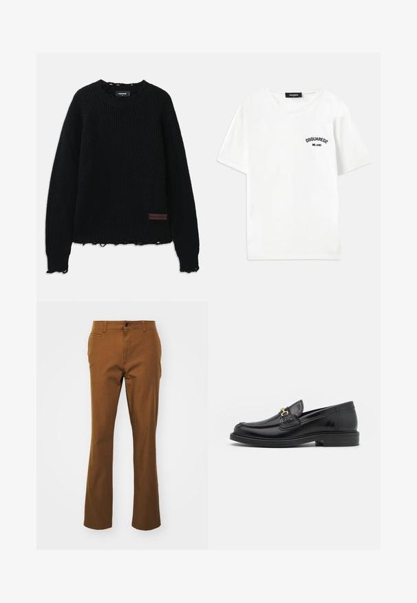 Mustat vohvelineulepusero, jossa on pyöreä kaula-aukko, ribbireunat, rispaantunut helma ja pieni ruskea nahkainen logopainatus vasemmalla alareunassa.; Valkoinen puuvillapaita, jossa on pyöreä kaula-aukko, lyhyet hihat ja musta brodeerattu logo, jossa lukee "DSQUARED2 MILANO" vasemmassa rinnassa.; Ruskeat suorat housut, jotka on valmistettu puuvillasekoitteesta. Housuissa on vetoketjukiinnitys, nappisulku ja etutaskut. Sileä pinta, rento muotoilu.; Musta nahkainen loafers-tyylinen kengät, joissa on pyöreä kärki, kultaiset yksityiskohdat ja ompelutiedot, asetettu matalalle, teksturoidulle kumipohjalle.