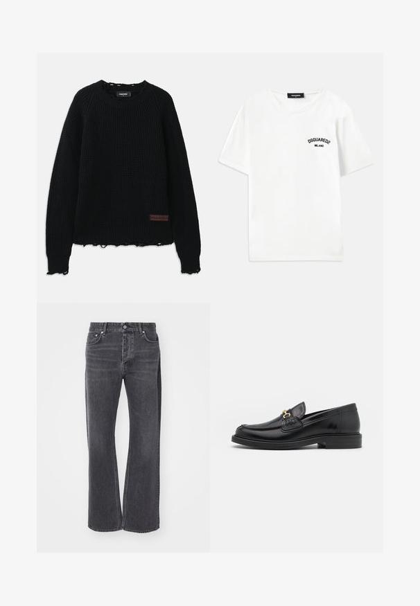 Čierny sveter s vypletaným vzorom, s okrúhlym výstrihom, rebrovanými manžetami, strapcovým lemom a malou hnedou koženou nášivkou s logom na dolnej ľavej strane.; Biela bavlnená tričko s okrúhlym výstrihom, krátkymi rukávmi a čiernym vyšívaným logom s nápisom "DSQUARED2 MILANO" na ľavej hrudi.; Čierne vysoko páskové džínsy s voľným, širokým strihom. Vyrobené z denimu, s jemným vyblednutím a prednými a zadnými vreckami.; Čierne kožené loafers so zaoblenou špičkou, s pozlátenými kovovými prvkami a detailným šitím, uložené na nízkej, textúrovanej gumenej podrážke.