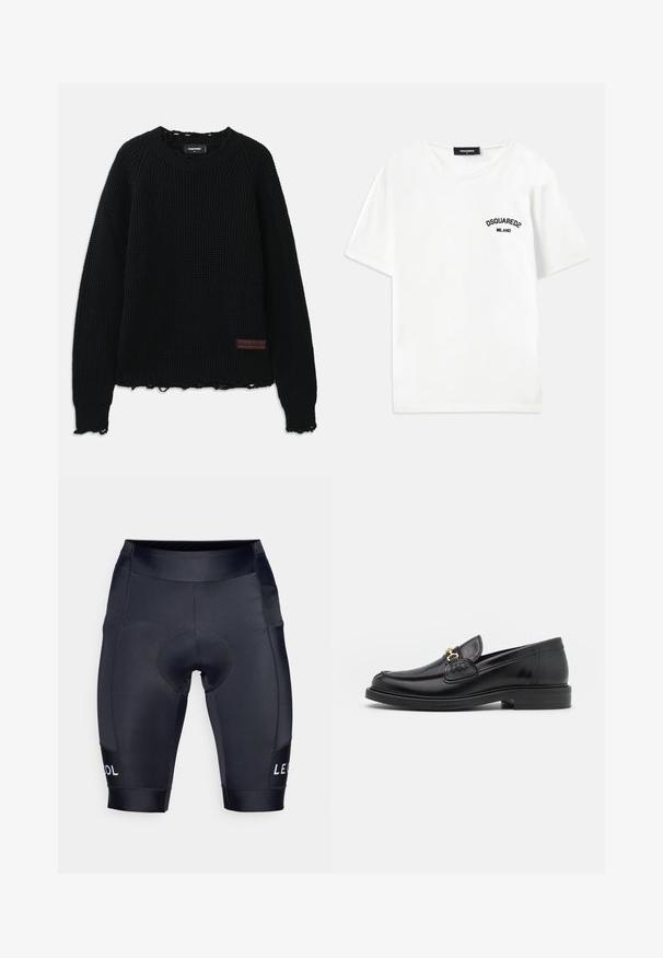 Černý svetr s vaflovou texturou a kulatým výstřihem, ribbované manžety, roztrhaný spodní lem a malá hnědá kožená nášivka loga v levém dolním rohu.; Bílý bavlněný tričko s kulatým výstřihem, krátkými rukávy a černým vyšitým logem s nápisem "DSQUARED2 MILANO" na levé straně hrudníku.; Černé cyklistické šortky vyrobené z pružného materiálu. Mají polstrovanou oblast sedadla a bílé logo "LE COOL" na dolní levé noze.; Černé kožené mokasíny s zaoblenou špičkou, vyznačující se zlatými kovovými detaily a prošíváním, umístěné na nízké, texturované gumové podrážce.