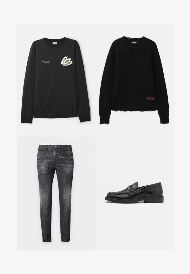 Crni džemper od vaflastog pletenja s okruglim izrezom, rebrastim manžetama, izgužvanim rubom i malim smešnim kožnim logotipom na donjoj levoj strani.; Crna majica dugih rukava od pamuka, s grafičkim dizajnom tri bijele perje s zelenim i crvenim akcentima na lijevoj strani prsiju.; Tamno sivi traperice s uskim krojem, suptilnim izbjeljivanjem, ožiljcima na bedrima, pet džepova i kontrastnim crvenim etiketom.; Crni kožni loafers s zaobljenim vrhom, s zlatnim detaljem i šavovima, smješteni na niskoj, teksturiranoj gumene potplati.