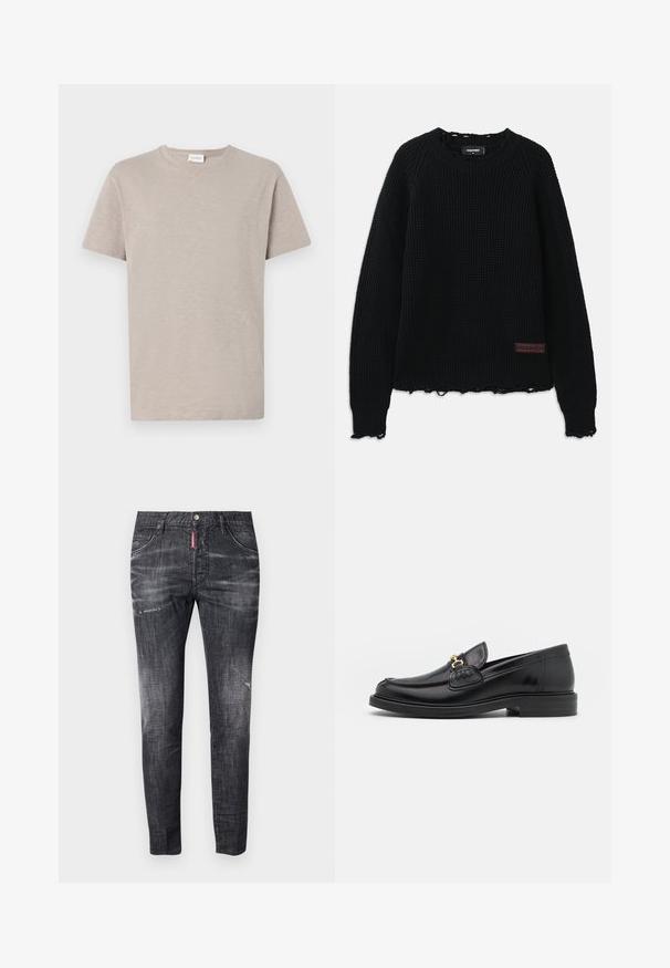 Juodas vaflinis megztinis su apvalia iškirpte, raukštuotais rankogaliais, nusidėvėjusia apačia ir nedideliu rudu odiniu logotipu kairiajame apatinėje pusėje.; Šviesiai bežė trumpų rankovių marškinėliai iš minkštos, tekstūruotos medžiagos. Juose yra apvalus kaklas ir subtilus logotipo akcentas prie apačios.; Tamsiai pilki džinsai su siauru siluetu, šiek tiek išblukę, su dėvėjimo žymėmis ant šlaunų, penkiomis kišenėmis ir kontrastinga raudona etikete.; Juodos odinės loafer tipo bateliai su apvaliuku, su auksinėmis detalėmis ir siuvinėjimo akcentais, įrengti ant žemos, tekstūruotos gumos pado.