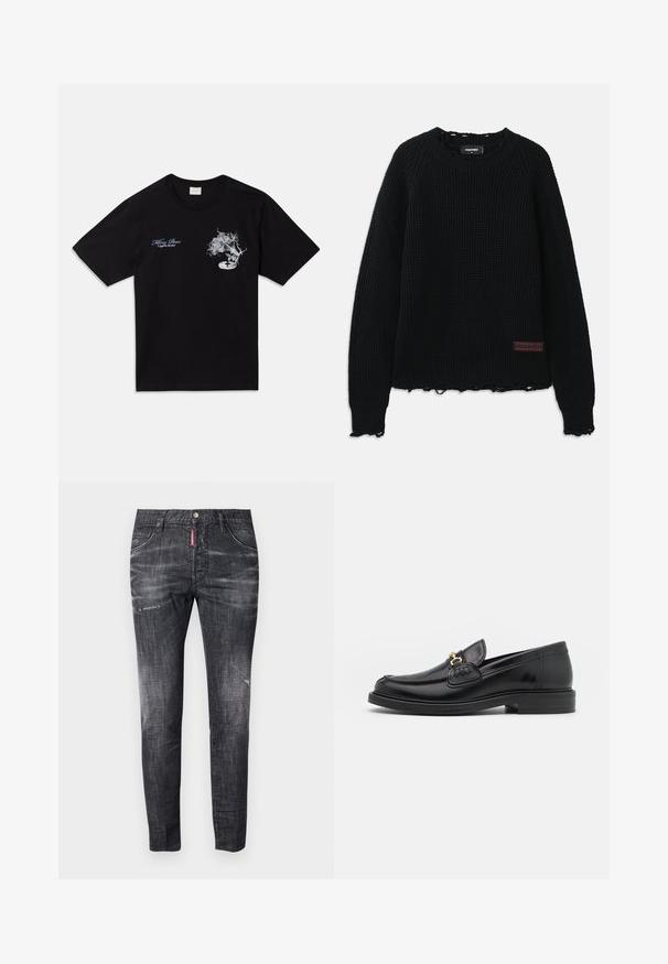 Pulover negru din tricot cu model waffle, cu decolteu rotund, manșete cu model în relief, margine desfăcută și o mică etichetă din piele maro pe partea stângă jos.; Tricou din bumbac negru, cu mâneci scurte. Prezintă un grafic alb cu o floare și un pick-up, împreună cu textul albastru "Killing Bees" și "United By Rhythm."; Jeans din denim gri închis, cu o croială slim, ușor decolorate, cu semne de uzură pe coapse, cinci buzunare și un detaliu de etichetă roșie contrastantă.; Loaferi din piele neagră cu vârf rotunjit, dotati cu accente aurii și detalii de cusătură, așezați pe o talpă joasă din cauciuc texturat.