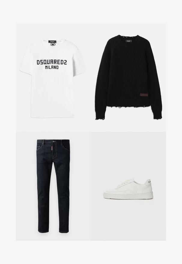 Black waffle-knit sweater with a crew neckline, ribbed cuffs, frayed hem, and a small brown leather logo patch on the lower left side.; Dsquared2 COOL FIT TEE - Print T-shirt - white/dark navy; Dark blue denim jeans with a slim fit, featuring a button closure, five pockets, and contrasting yellow stitching on the seams.; White leather sneaker with a smooth finish, round toe, flat laces, and a textured sole. Features a subtle logo on the heel.