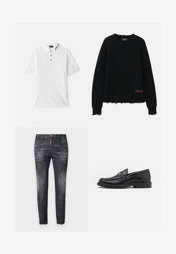 Čierny sveter s vypletaným vzorom, s okrúhlym výstrihom, rebrovanými manžetami, strapcovým lemom a malou hnedou koženou nášivkou s logom na dolnej ľavej strane.; Biele polo tričko vyrobené z bavlny, s klasickým golierom, trojicou gombíkov na zapínanie s čiernymi gombíkmi a podpisom na golieri.; Tmavošedé džíny s slim fit strihom, jemným vyblednutím, opotrebovaním na stehnách, piatimi vreckami a kontrastným červeným detailom na štítku.; Čierne kožené loafers so zaoblenou špičkou, s pozlátenými kovovými prvkami a detailným šitím, uložené na nízkej, textúrovanej gumenej podrážke.