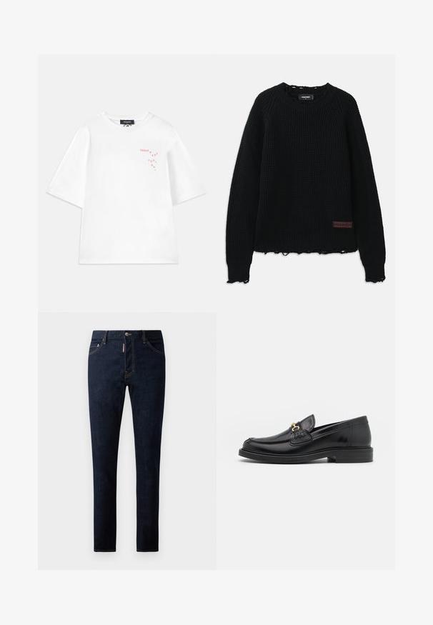 Black waffle-knit sweater with a crew neckline, ribbed cuffs, frayed hem, and a small brown leather logo patch on the lower left side.; Dsquared2 LOOSE FIT TEE - Print T-shirt - white; Dark blue denim jeans with a slim fit, featuring contrast stitching, a button closure, and five-pocket design. Smooth texture and durable fabric.; Black leather loafers with a rounded toe, featuring gold hardware accent and stitching detail, set on a low, textured rubber sole.