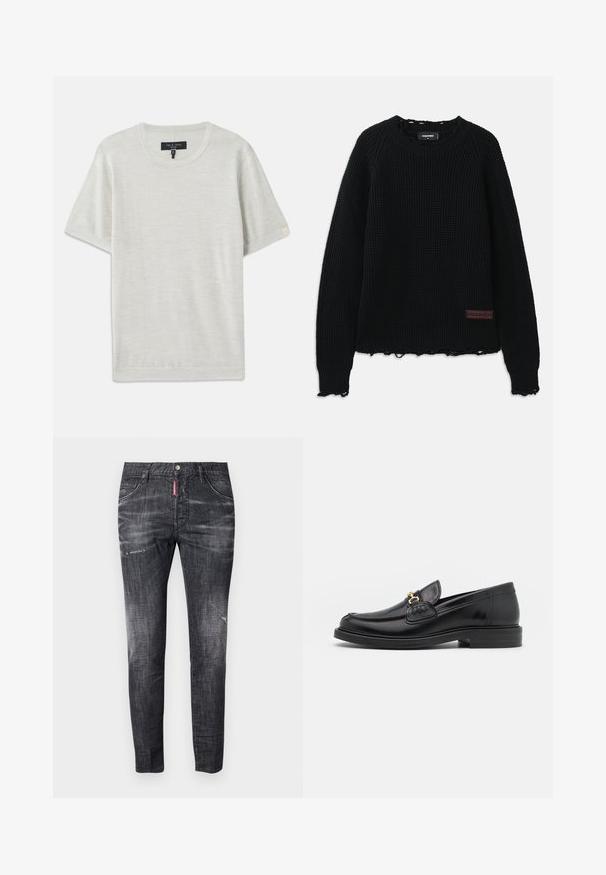 Pull en tricot noir à motif gaufré avec un col rond, des poignets côtelés, un ourlet effiloché et une petite étiquette en cuir marron en bas à gauche.; rag & bone AULTON TEE - T-shirt basique - ivory; Jean en denim gris foncé avec une coupe slim, un léger dégradé, des marques d'usure sur les cuisses, cinq poches et un détail de label rouge contrastant.; Mocassins en cuir noir avec un embout rond, présentant des accents en métal doré et des détails de couture, montés sur une semelle en caoutchouc texturé et basse.